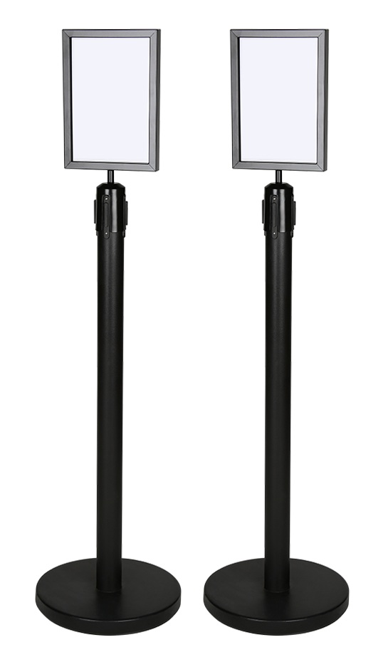 black retractable stanchion with sign holders